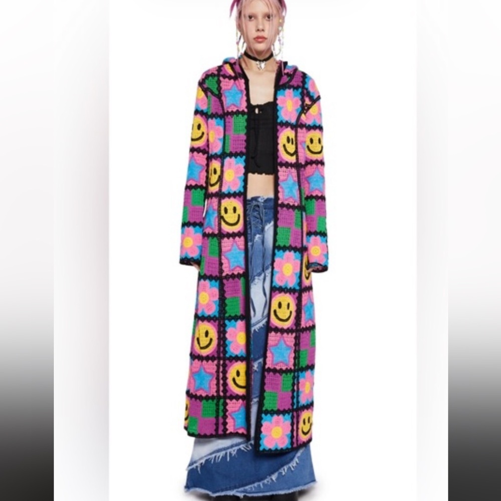 Delia’s Vintage Colorful Smiley Face Long Crochet Cardigan